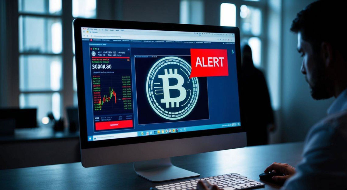 A computer screen displaying a hacked cryptocurrency exchange with a red alert flashing. A shadowy figure lurks in the background