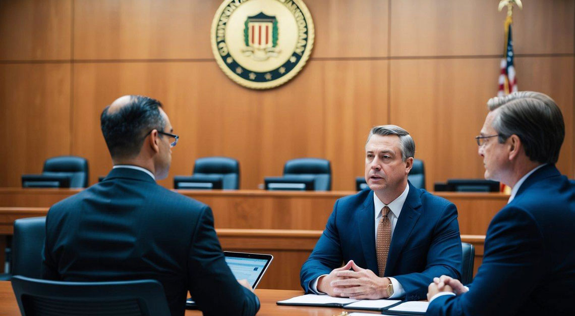 A courtroom with a defendant and lawyer discussing cryptocurrency crimes in Arizona